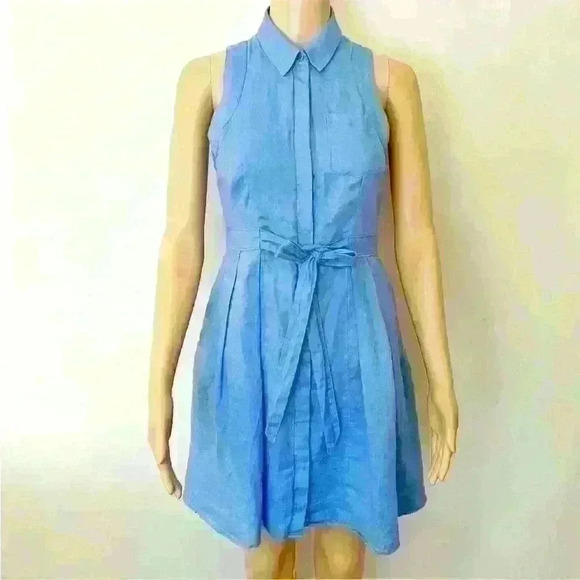 Anthropologie HD IN PARIS Pastel Blue 100% Linen Casual Button Down A Line Dress - Picture 1 of 15
